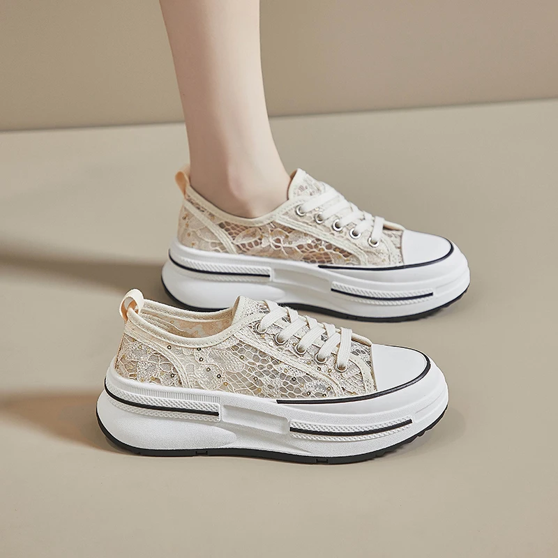 

Women's Platform Sneakers 2023 Summer Breathable Mesh Lace Up Students Low Top Canvas Shoes Hollow Lace Sports Shoes for Women