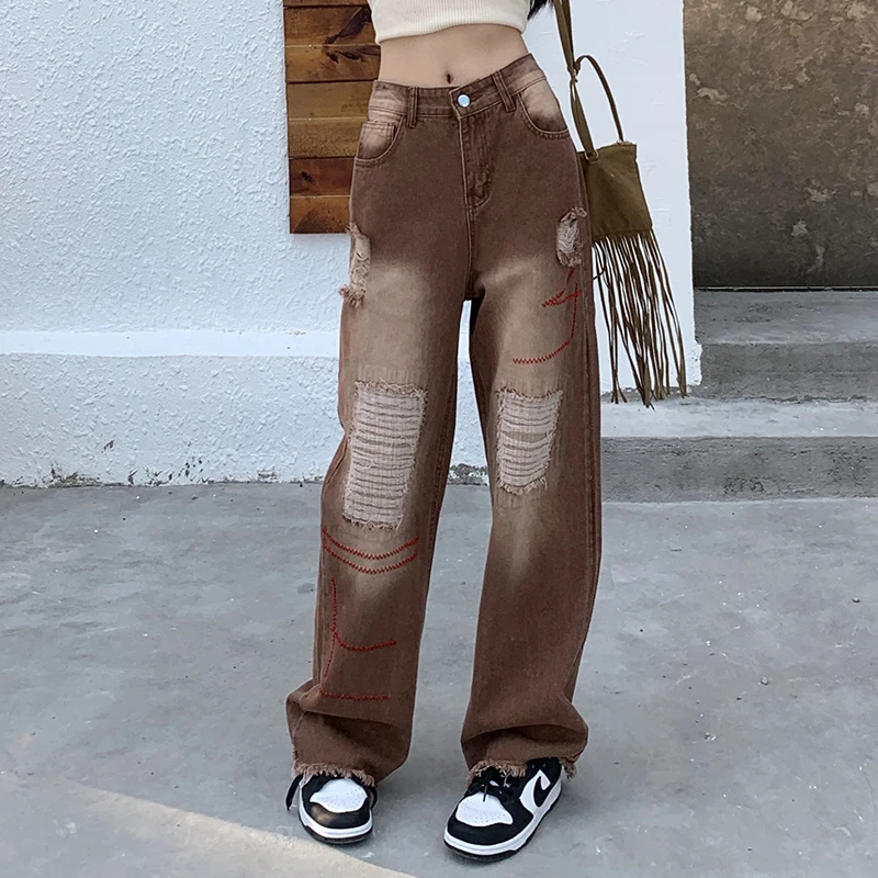 Brown Y2K Jeans Women Fashion Retro New Raw Edge Straight Denim Pants Mujer Streetwear Ripped Baggy Trousers New