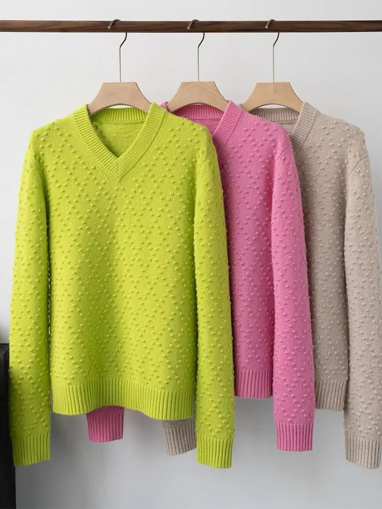 

Женский однотонный кашемировый вязаный свитер, универсальный трехмерный пуловер с длинным рукавом и V-образным вырезом, Осень-Зима 100%