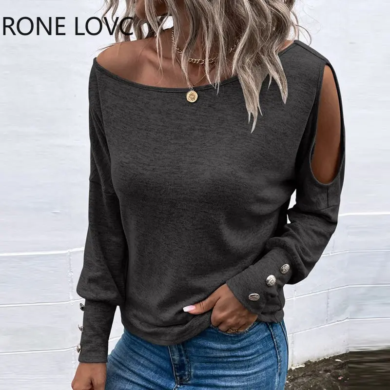 

Женская Базовая однотонная Повседневная Блузка с открытыми плечами и декоративными пуговицами