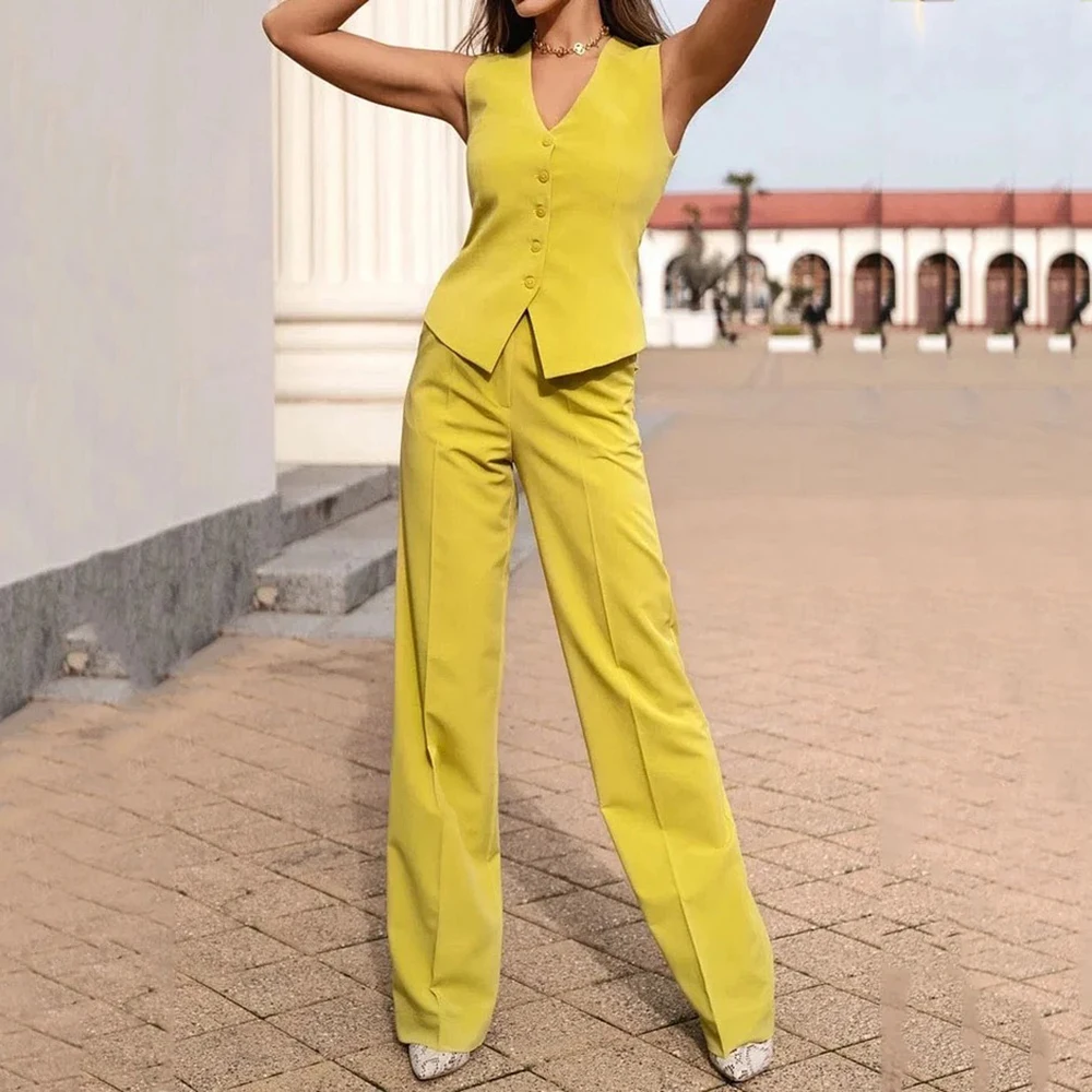 

Beachbele Fashion Solid Color Vest & Pants Set Yellow Clothing Long Sleeveless Formal Full Casual