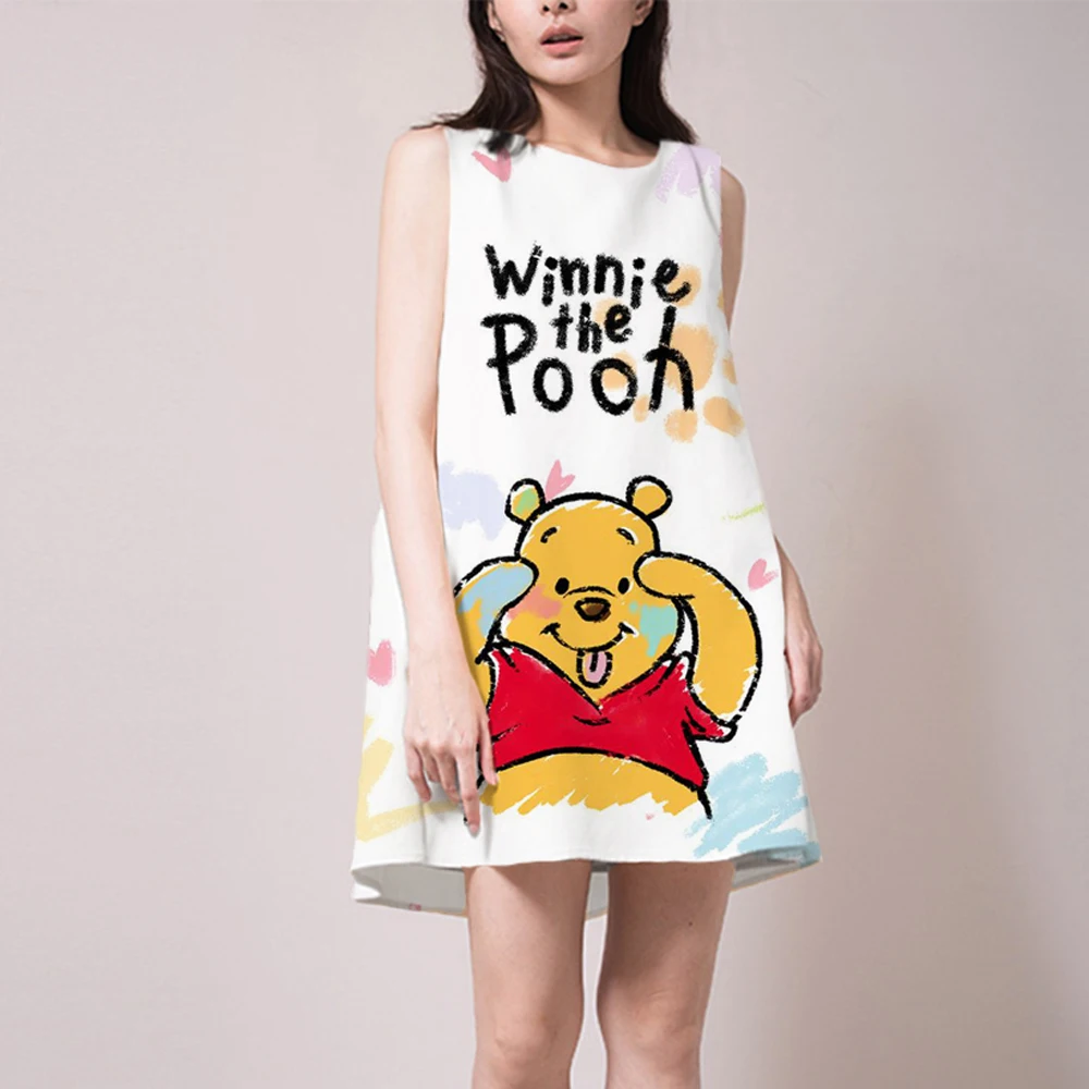 

Disney Winnie the Pooh Boho Dress Ladies Sleeveless A-line Tank Dress Summer Women Fashion Vintage Print Casual Dress Vestidos