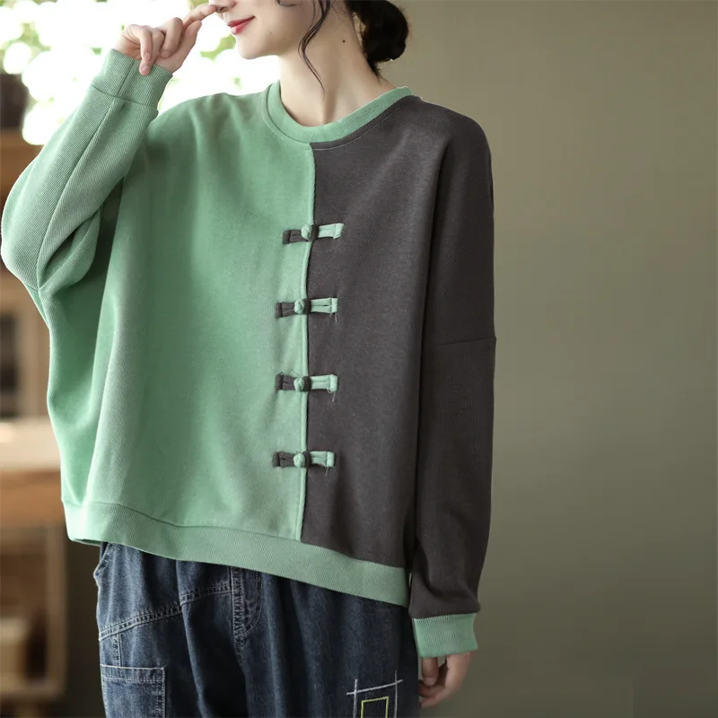 

Women Vintage O-neck Sweatshirt Blended Patchwork Button Long Sleeve Sweatshirts 2023 Spring New Loose Simple Pullover