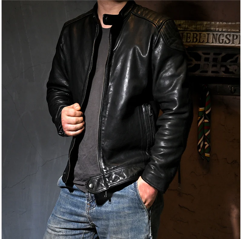 

Free shipping.2021 brand Vintage quality Calfskin jacket.men slim black origin genuine leather coat.luxury natural leather cloth