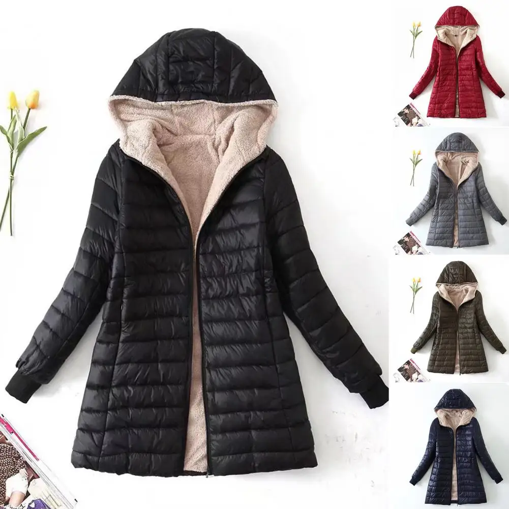 

Cozy Female Outwear Thermal Hooded Coat Zipper Closure Autumn Winter Mid-length Jacket Keep Warm