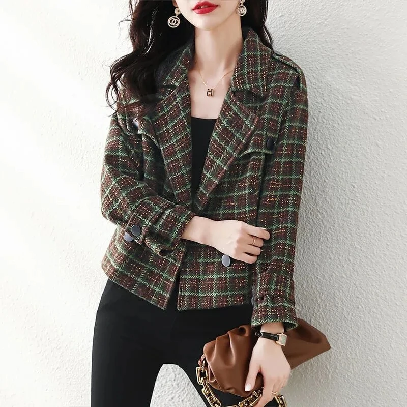 

Autumn and Winter New Fashion Plaid Wool Jacket Commuter Style Foreign Style All-match Casual Slim Long-sleeved Woolen Overcoat