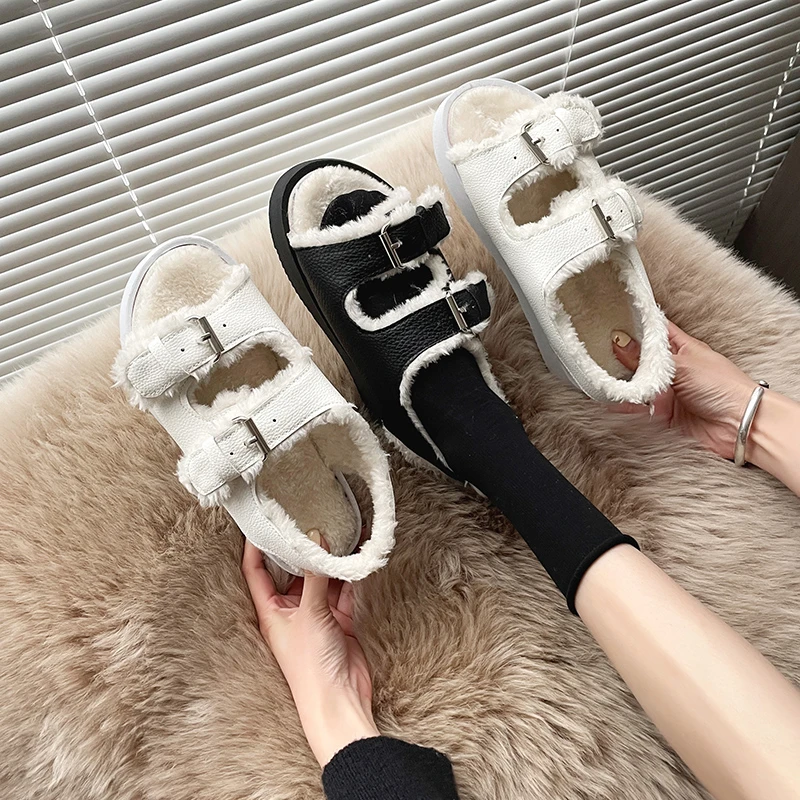 Women Wool Furry Fur Sandals Double Buckle Band Cotton Sandales Female Winter Shoes Celebrity Add Cashmere Sandalias Mujer 2021