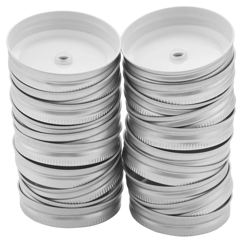 

20 шт., металлические крышки для банка Mason с отверстием для соломы, совместимые с банка Mason (серебро, 2,7 дюйма)