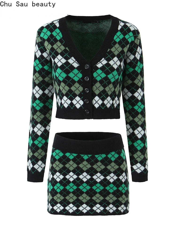 

Chu Sau beauty 2023 Women New Autumn Fashion Hot Sweet Plaid Jacquard Knitted 2 Piece Suit Chic Slim Short Sweater+Mini Skirts