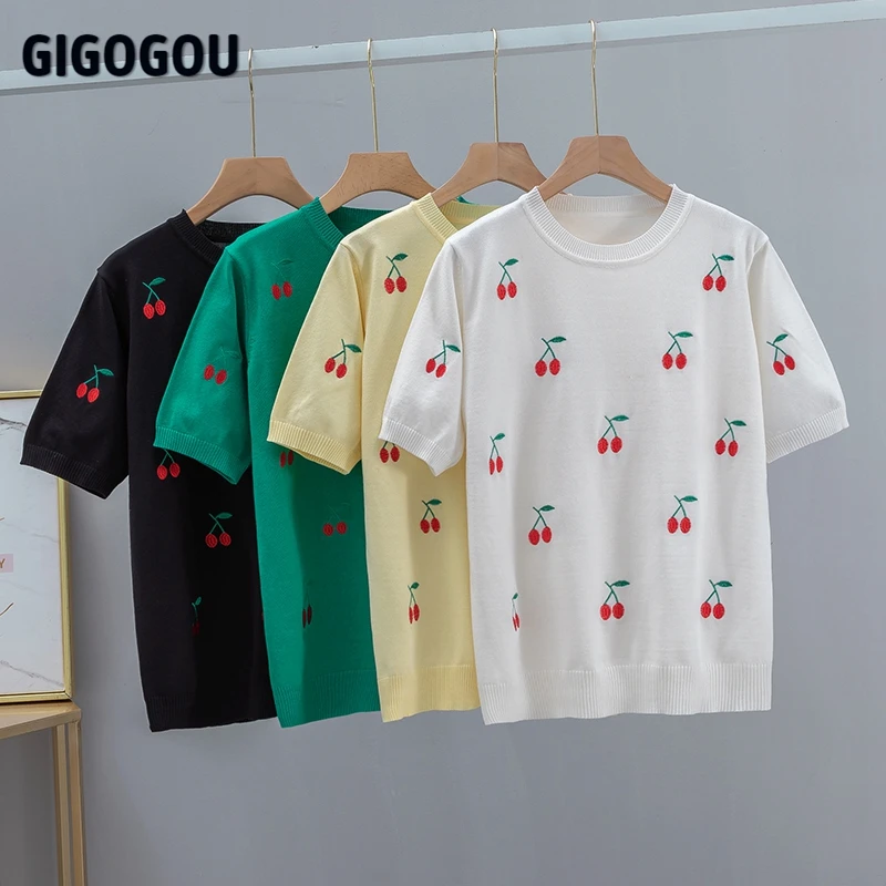 

GIGOGOU Cherry Embroidery Summer Women T-Shirt Fashion Basic Loose Short Sleeve T shirt Top OverSized Female Casual Tee Shirt