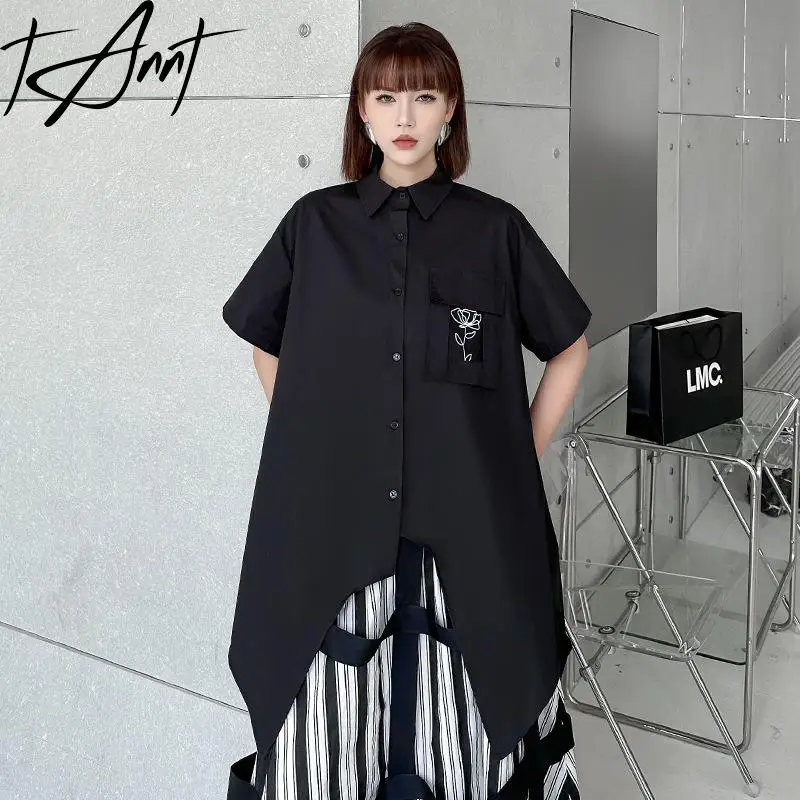 

Tannt Women Shirt Irregular Short Sleeves Long Black Blouse Tops Asymmetry Loose Casual Shirts 2023 New Summer Woman Clothing