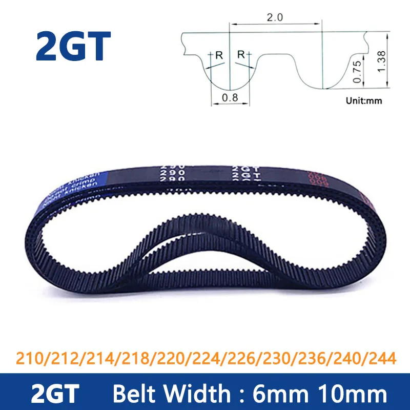

1PCS 2GT GT2 Timing Belt 210/212/214/218/220/224/226/230/236/240/244 Width 6/10mm Rubber Closed Loop Synchronous Belt Pitch 2mm