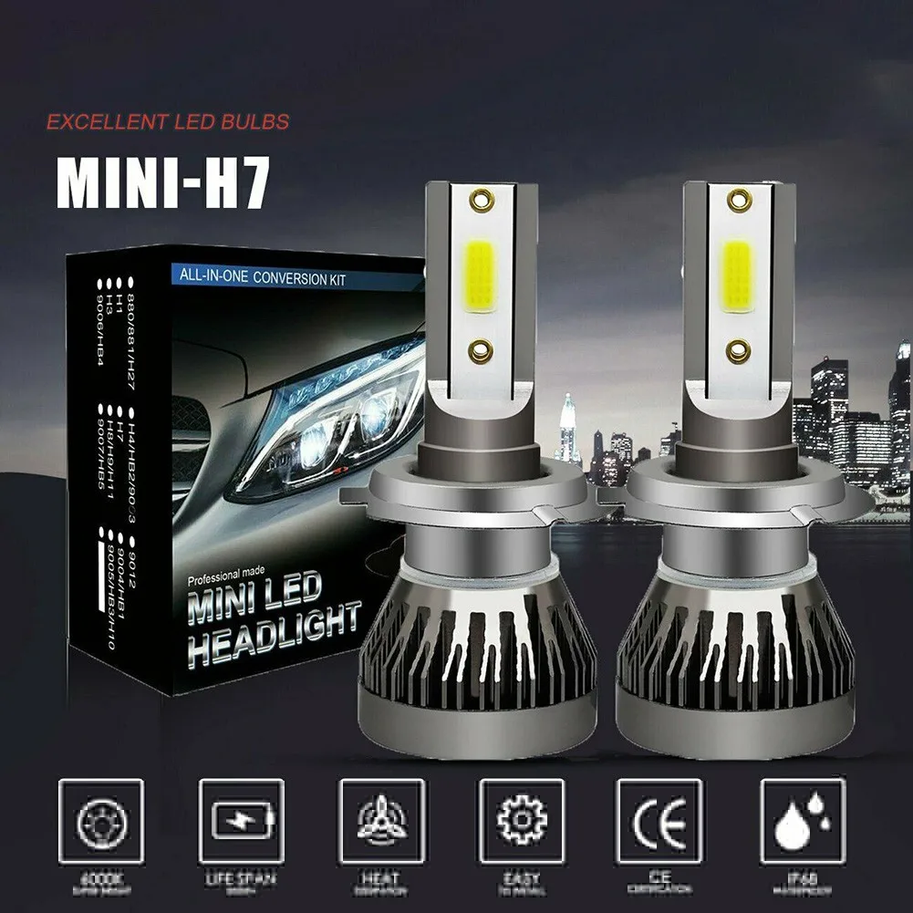 2PCS H7 LED Headlight 6000K Pure White Car Light Bulbs DC 9V-32V 20000LM 200W High/Low Beam Canbus Error-free Auto Lamps