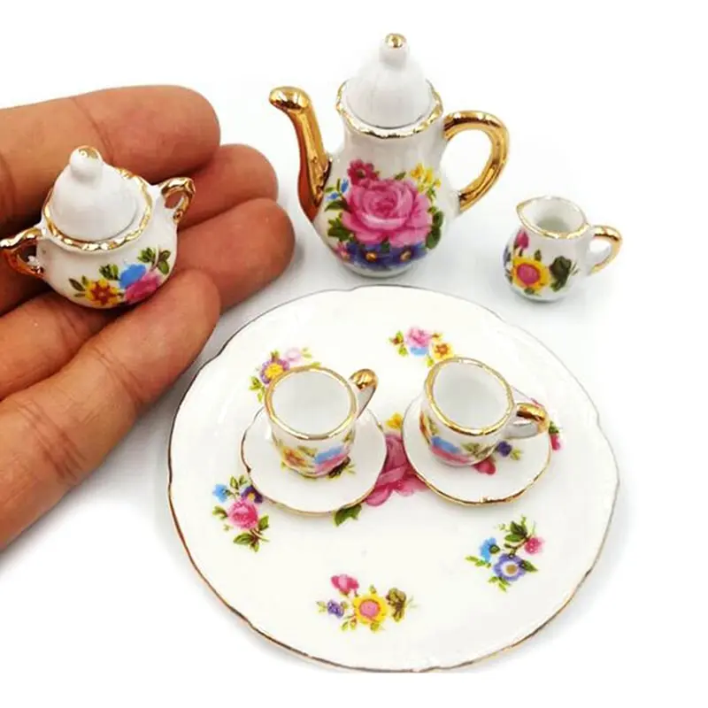 

8Pcs 1:12 Dollhouse Miniature Dining Ware Porcelain Tea Set Dish Cup Plate For Doll Home Decor Mini Ornament