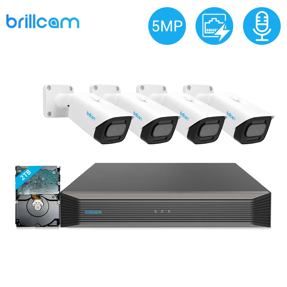 Система видеонаблюдения Brillcam H.265, 8 каналов, 4 шт., 5 Мп, POE, уличный водонепроницаемый комплект NVR для дома