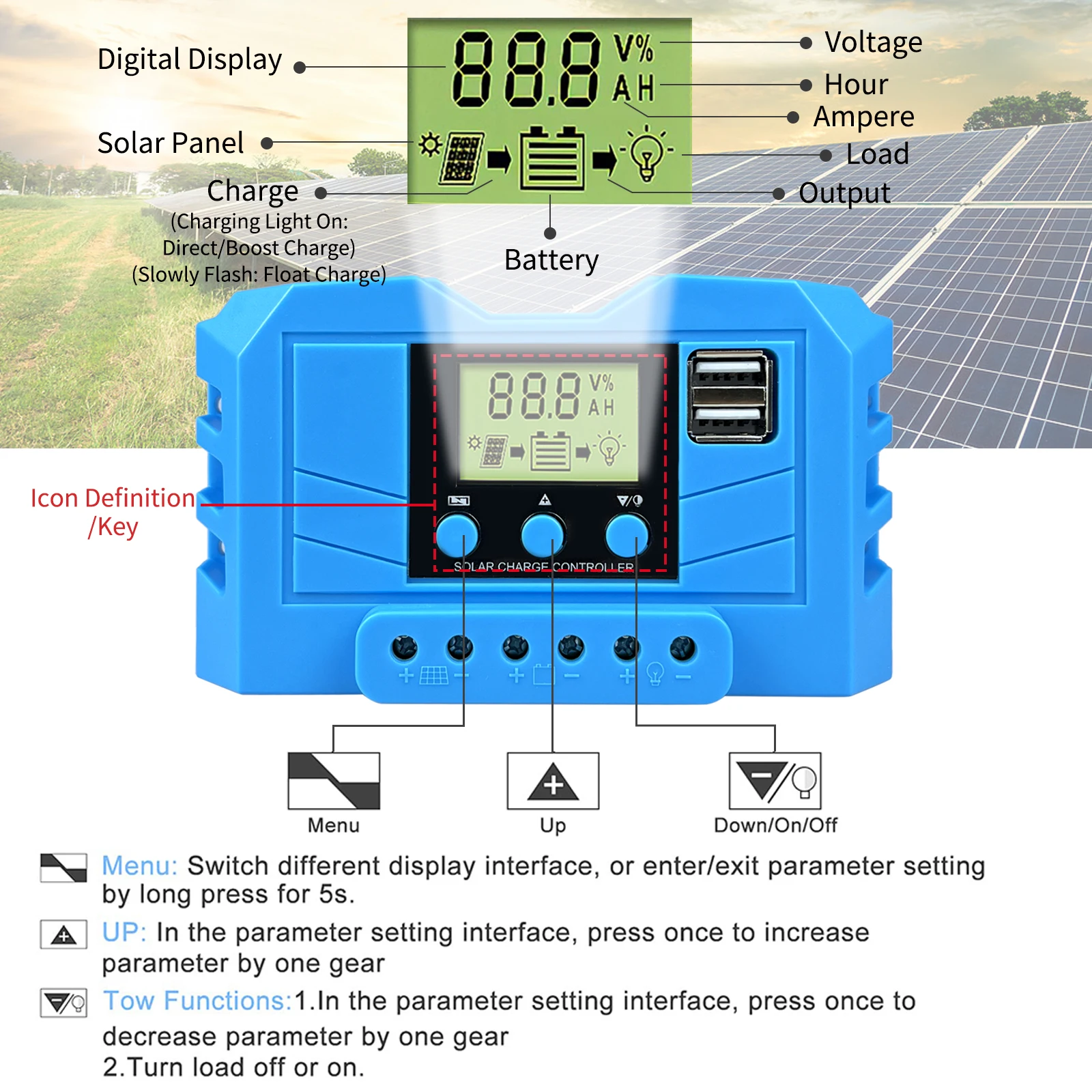 10A 20A 30A PWM Контроллер заряда солнечной батареи Авто 12 В 24 Регулятор панели