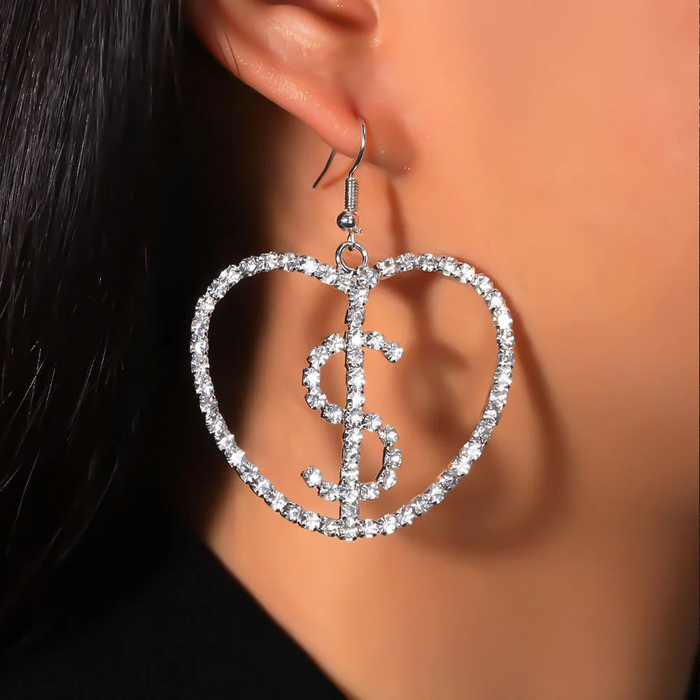 Блестящие серьги-подвески в виде Знака Доллара подвески форме сердца женское