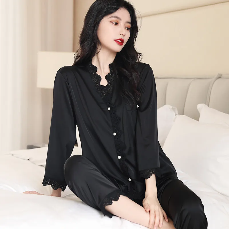 Spring Summer Sexy Silk Lace Long Sleeve Pants Pajamas Women's Suit Solid Color Home Leisure Homewear