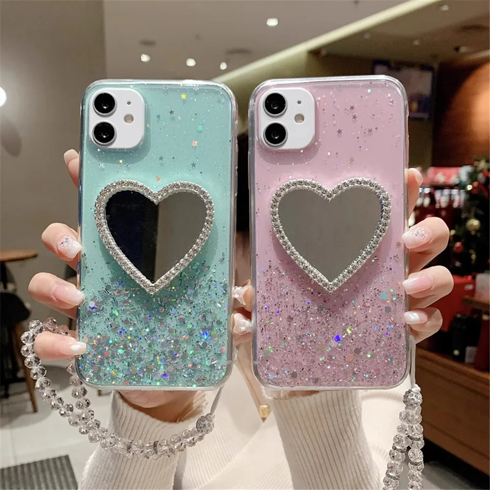 Зеркальный чехол с браслетом кристаллами и сердечками для Huawei P30 Lite P40 P20 P50 Pro P Smart