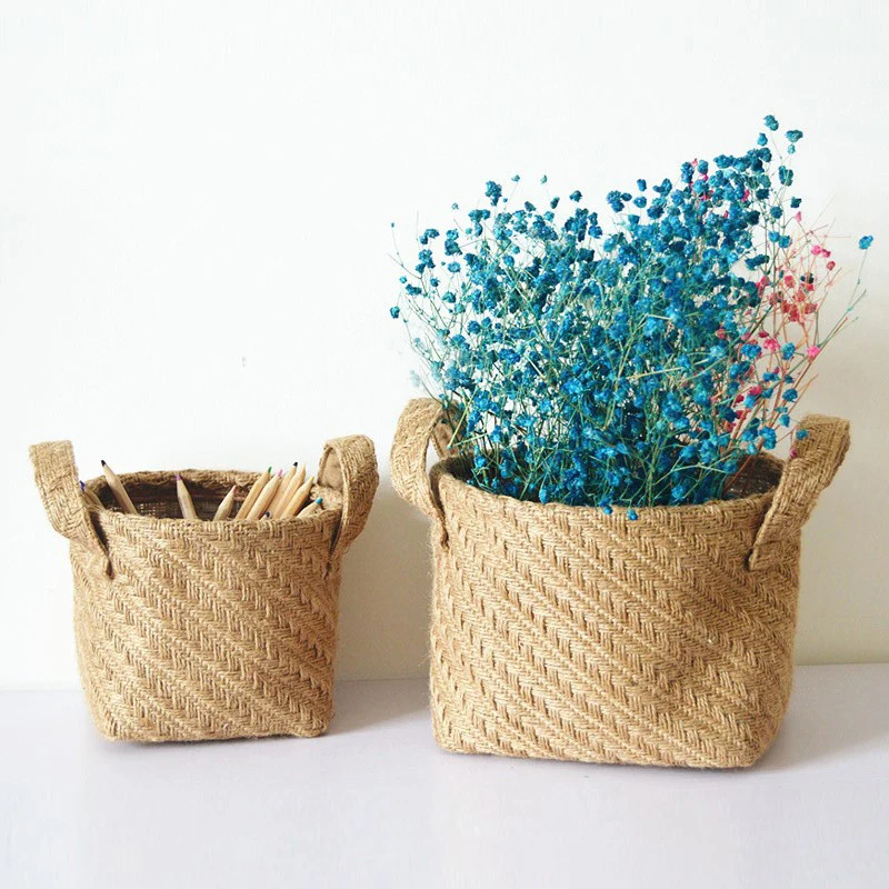 

Braided Jute Cloth Flowerpot Desktop Storage Box Double Handles Hemp Rope Bucket Woven Flower Plant Pot Laundry Basket