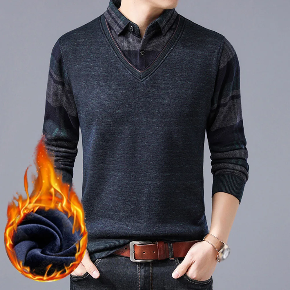 

New Mens Shirt Long Sleeve Business Winter Warm Shirts Lapel Fleece Thickened Fake Two Piece Pullover Sweater Plus Size M-3XL
