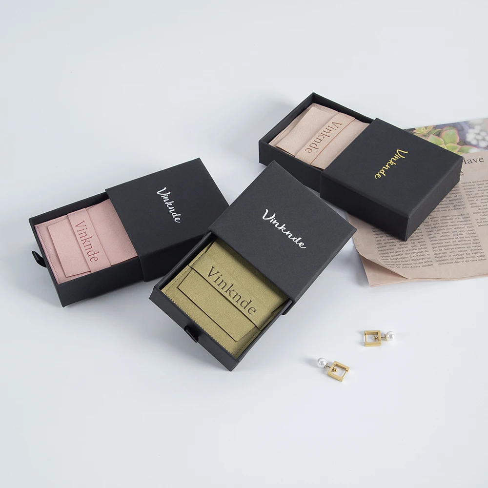 Black Drawer Jewelry Box Microfiber Gift Bags Pouches Sst Custom Logo Bulk Rings Earrings Packaging Storage Cardboard Case Boxes