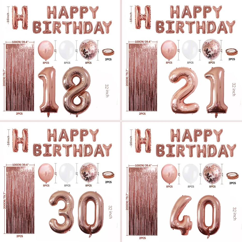 Rose Gold Happy Birthday Letter Foil Balloons Adults Women Birthday Party Decoration Baby Girl 1st 18 30 40 50 Years Anniversary