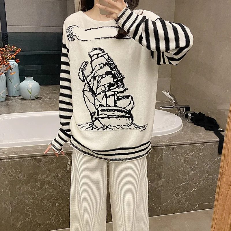 

High-quality Spot Autumn and Winter Wool Onepiece Collar Heavy Work Embroidery Ink Painting Sailboat Loose Stripe Sweater Female