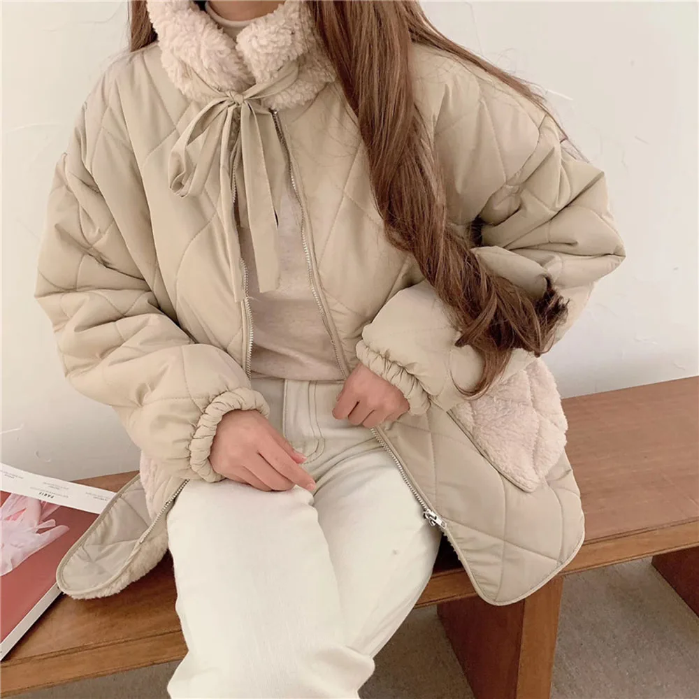 Lamb Wool Coat Female Winter Korean Loose Pockets Plush Thick Warm Parkas Women Cotton Padded Jacket Japanese Jackets Apricot