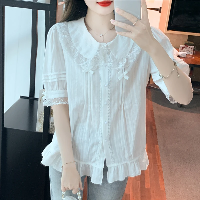 

Vintage Japanese Kawaii Lolita Shirts Women Gothic Lace Ruffles Peter Pan Collar Removable Short Sleeve Blouses Sweet Tops