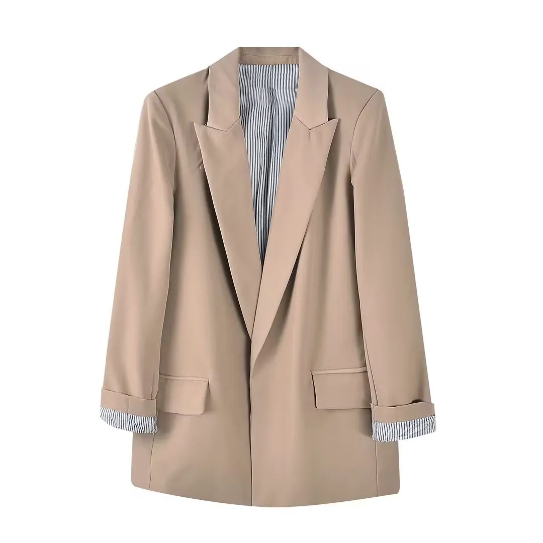 

Women 2023 New Fashion Summer Stripe Lane Blazer Coat Vintage Long Sleeve Pockets Leisure Female Outerwear Chic