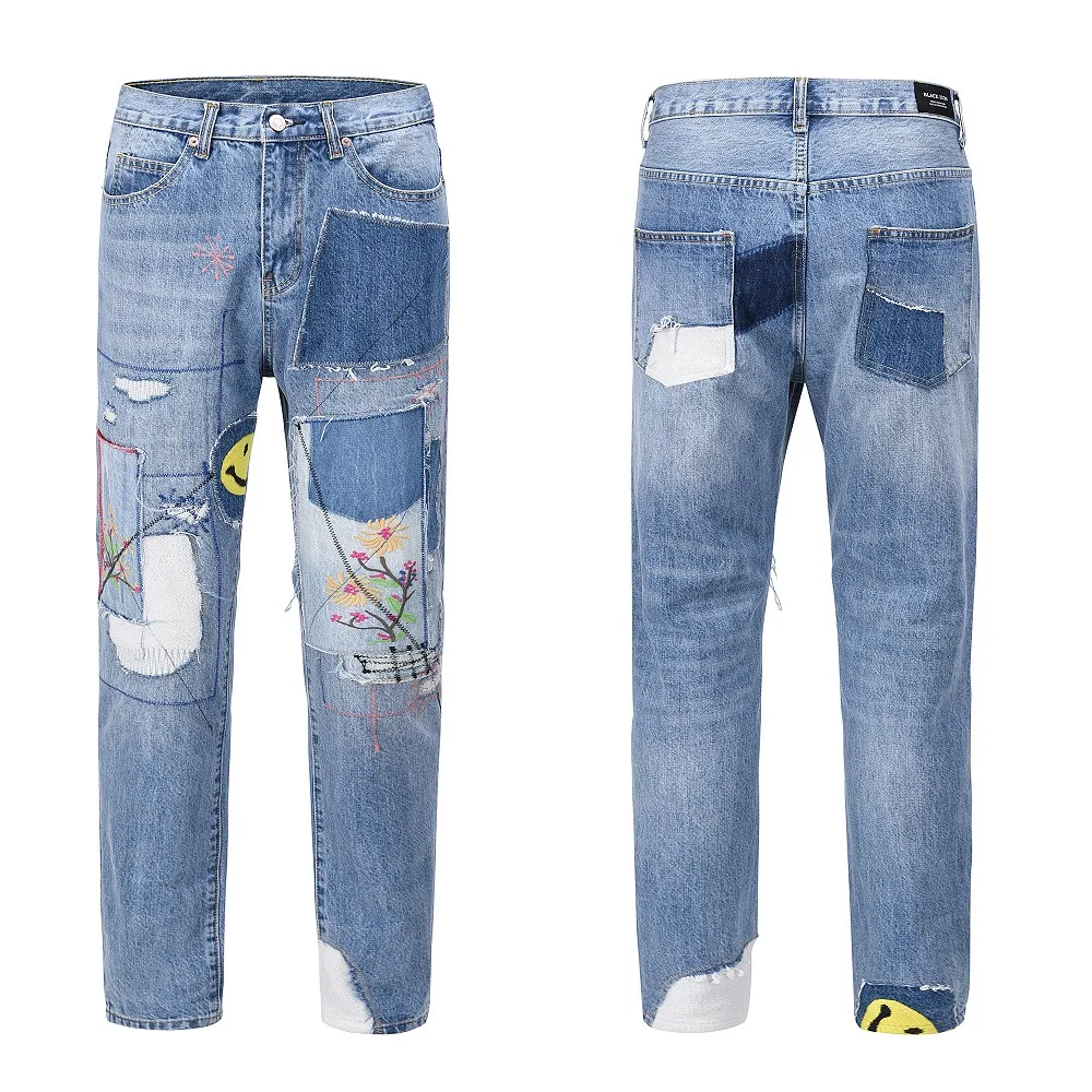 streetwear kapital Vintage Smiling Face Patch Jeans Denim Straight Loose Pants Fashion trousers