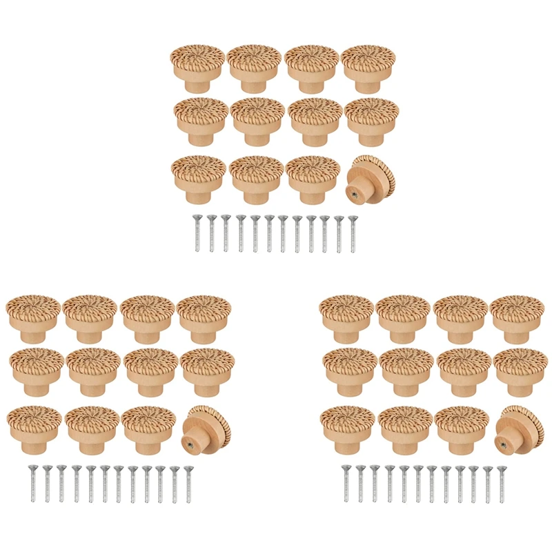 

BMDT-Boho Rattan Dresser Knobs Round Wooden Drawer Knobs Handmade Wicker Woven And Screws For Boho Furniture Knobs 36Pcs