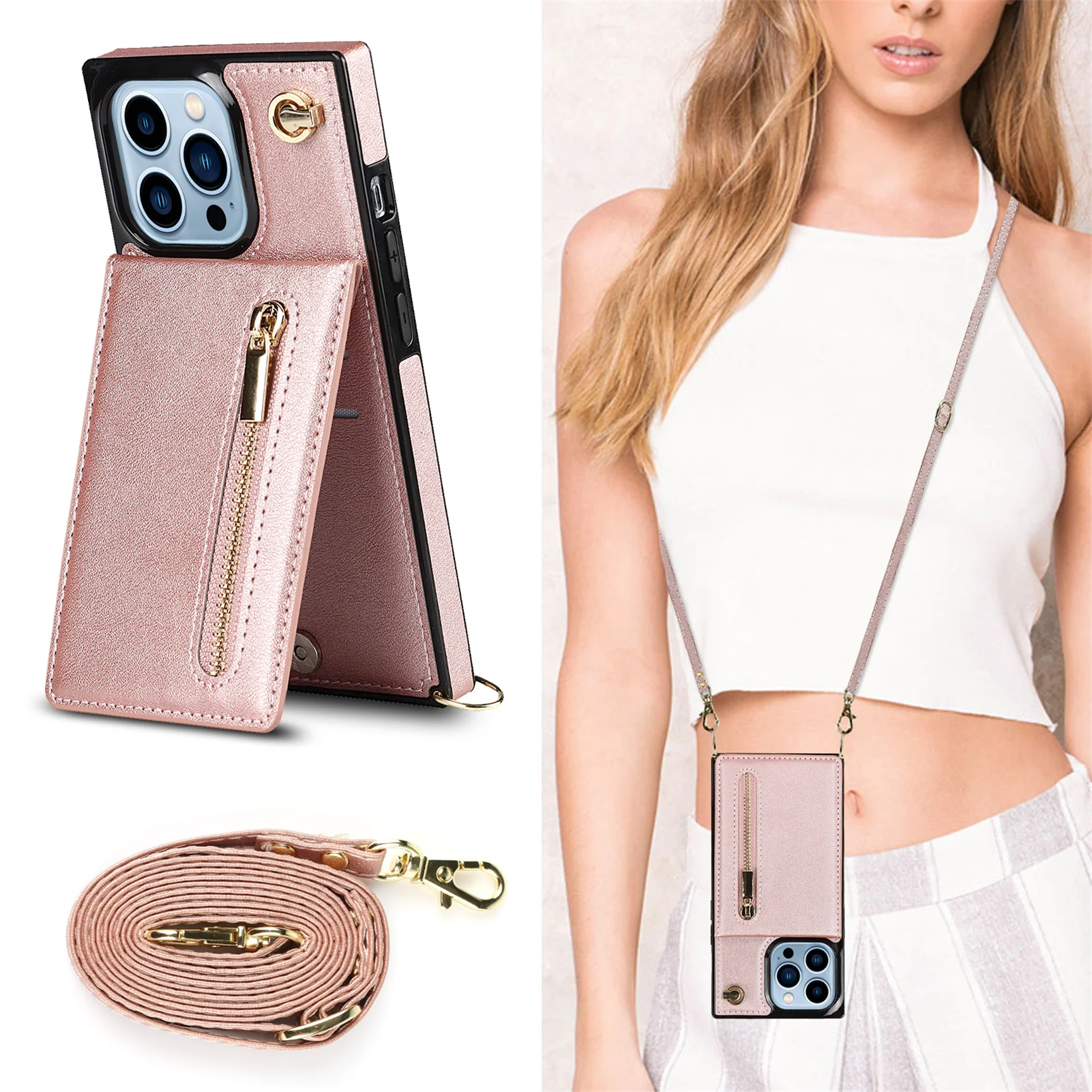

Zipper Wallet Case for IPhone 13 12 Mini 11 X XR XS Pro Max 7 8 Plus Card Holder Lanyard Strap Handbag Crossbody Leather Cover