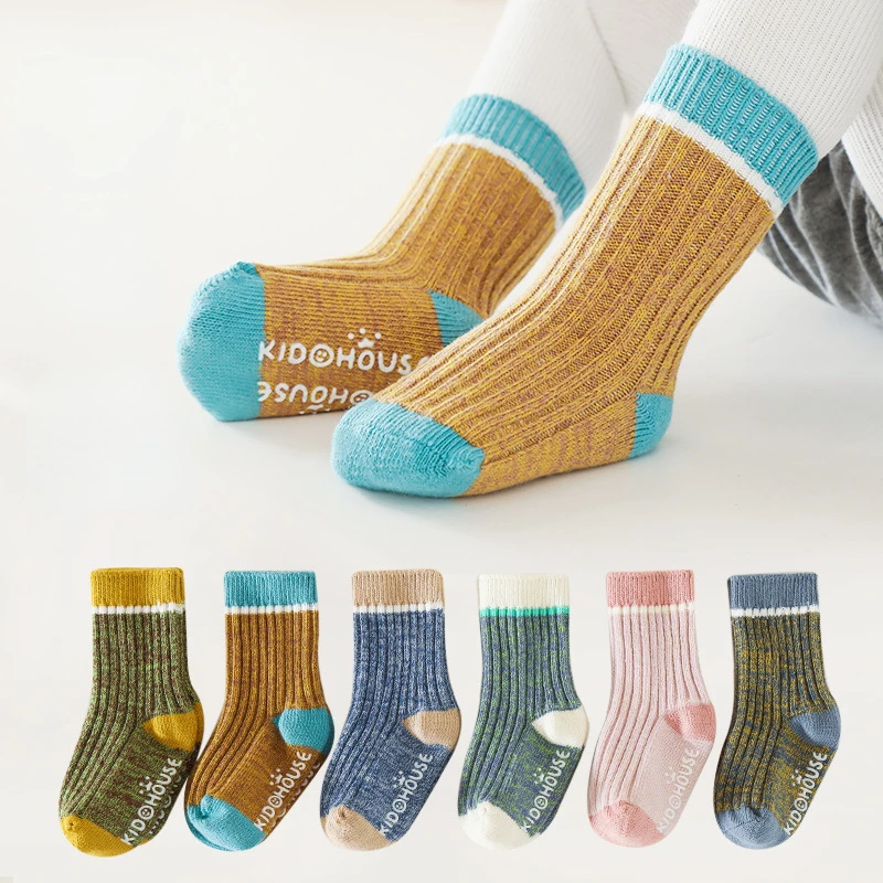 

1 Pair Toddler Socks for Autumn Winter Warm Calf Socks Baby Boys Girls Candy Color Striped Short Socks Non-skid Floor Socks