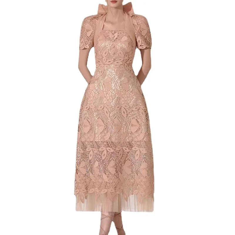 

Женское кружевное платье с вышивкой, облегающее Тюлевое длинное платье миди с коротким рукавом и лямкой на шее, модная качественная женская одежда, лето-осень 2023