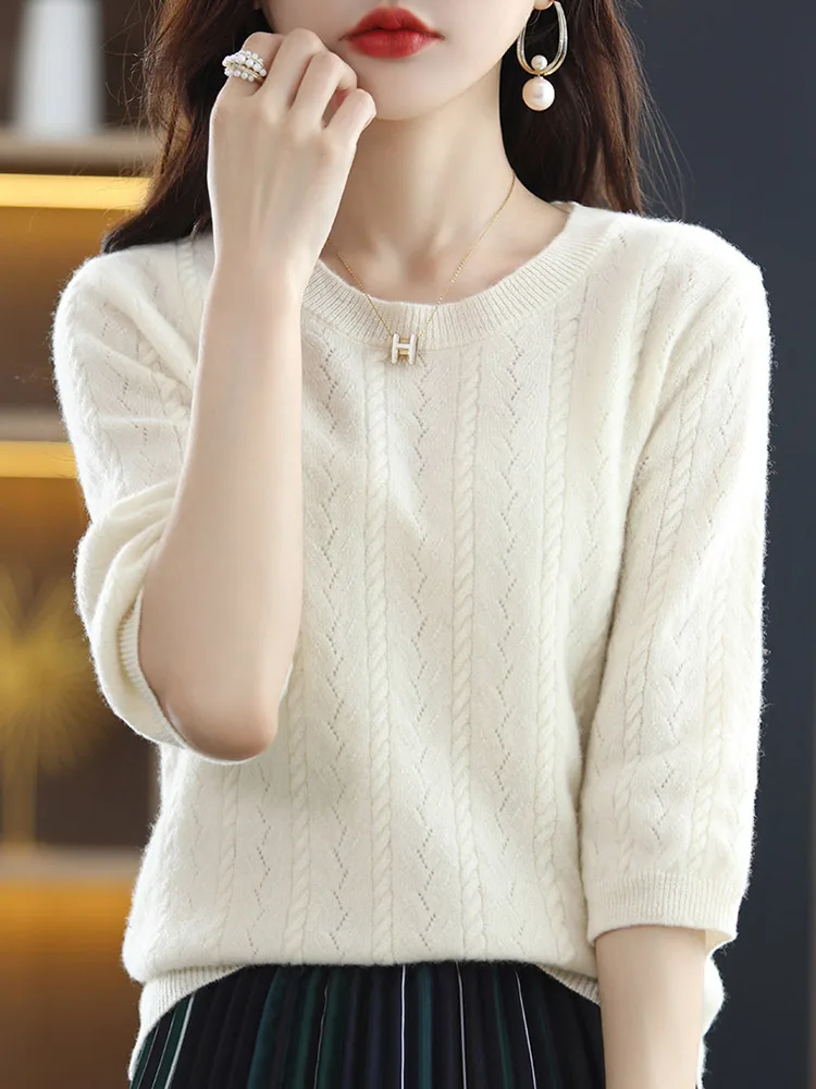 

2022 100% Pure Wool Sweater Women Tops O-Neck Three Quarter Sleeve Autumn Winter Knitted Female Pullover Casual Slim Knitwear