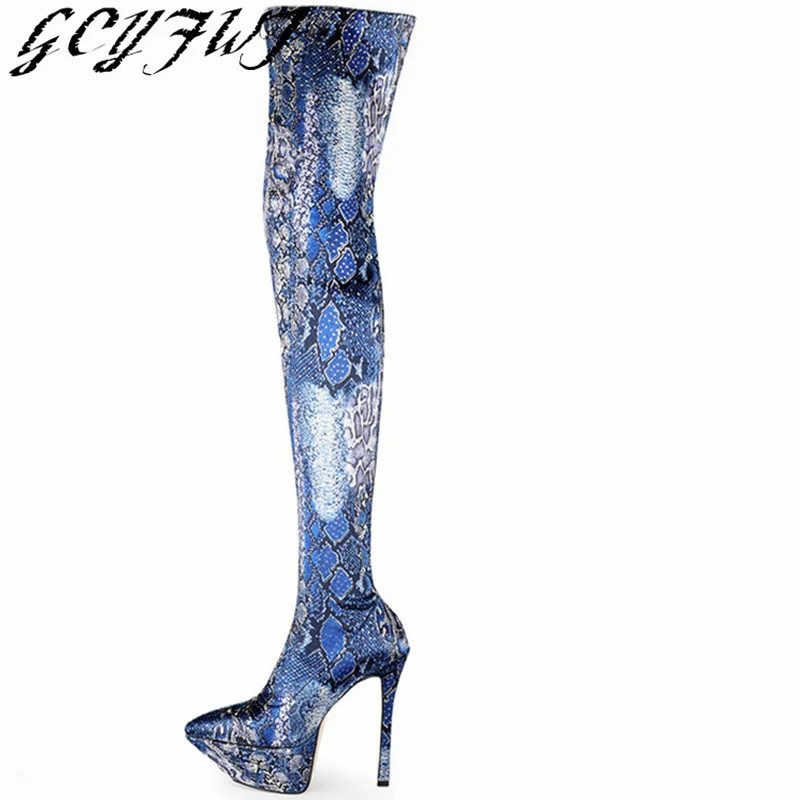

Plus Size 45 Women's Western Over The Knee Boots Thick Platform Snake Print Long Boots Pointed Toe Stiletto Slip On Women Shoes