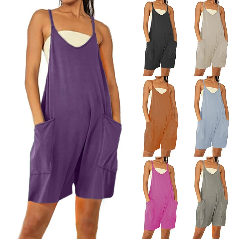 

Комбинезон женский летний однотонный с широкими штанинами и карманами на бретельках