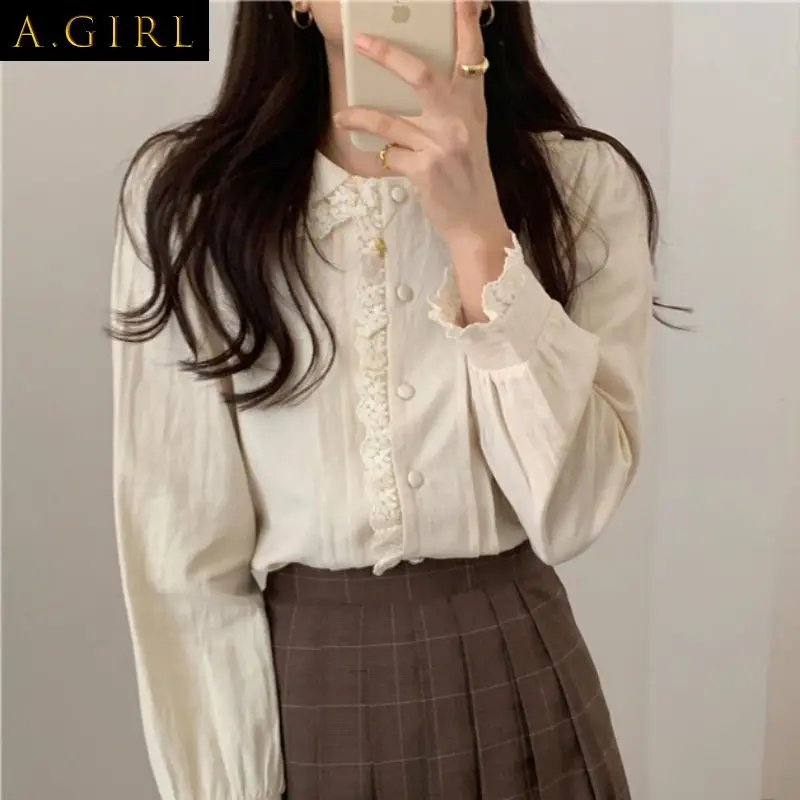 

Solid Shirts Women Girls Japanese Style Kawaii All-match Simple Peter Pan Collar Lace Autumn Basic Daily Popular Tops Clothing
