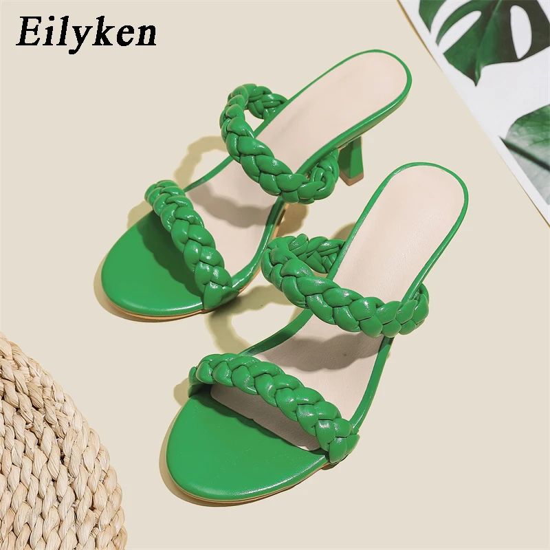 

Eilyken Plus 35-42 Fashion Weave Women Slippers Open Toe Low heels Shoes Sandal Female Leisure Beach Green Slides