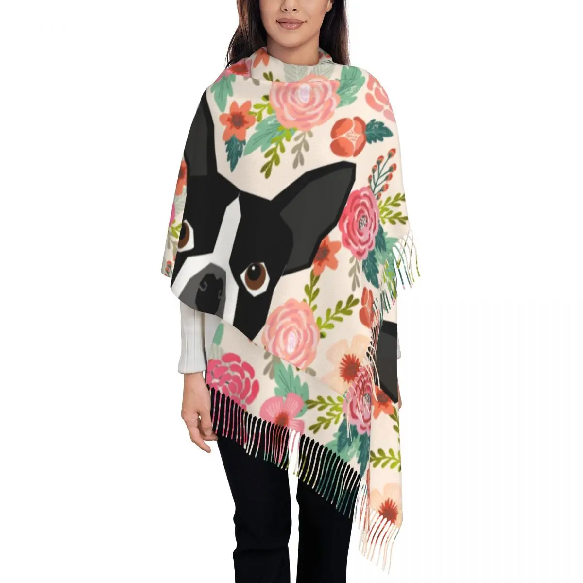 Роскошный Бостон-терьер с цветочным рисунком фотообои зимние осенние женские