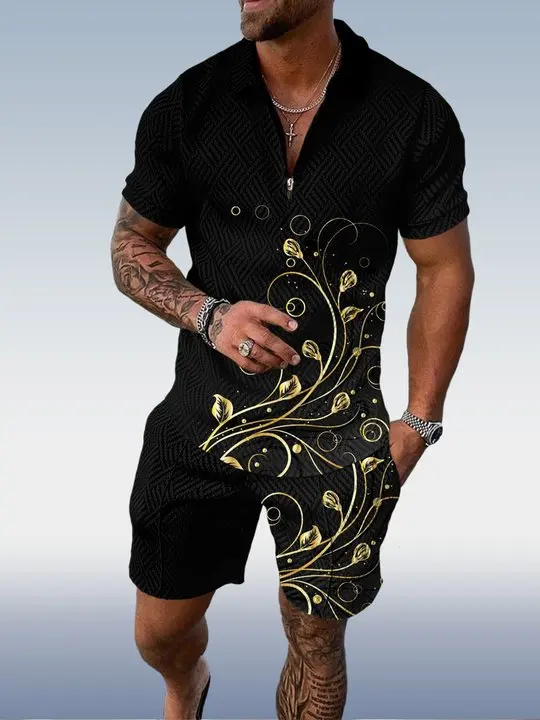 

Рубашка-поло мужская с 3D-принтом, топ с золотыми цветами, спортивная одежда, комплект одежды в стиле Харадзюку, рубашка + пляжные повседневны...