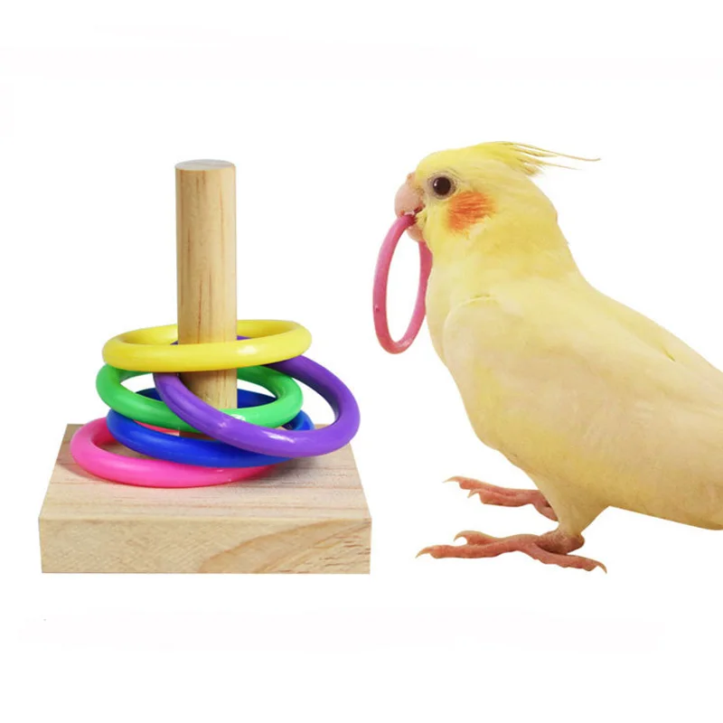 

Набор игрушек для обучения птицам, деревянные блоки, пазлы, игрушки для попугаев, красочные пластиковые кольца, умная тренировка, Жевательная книга