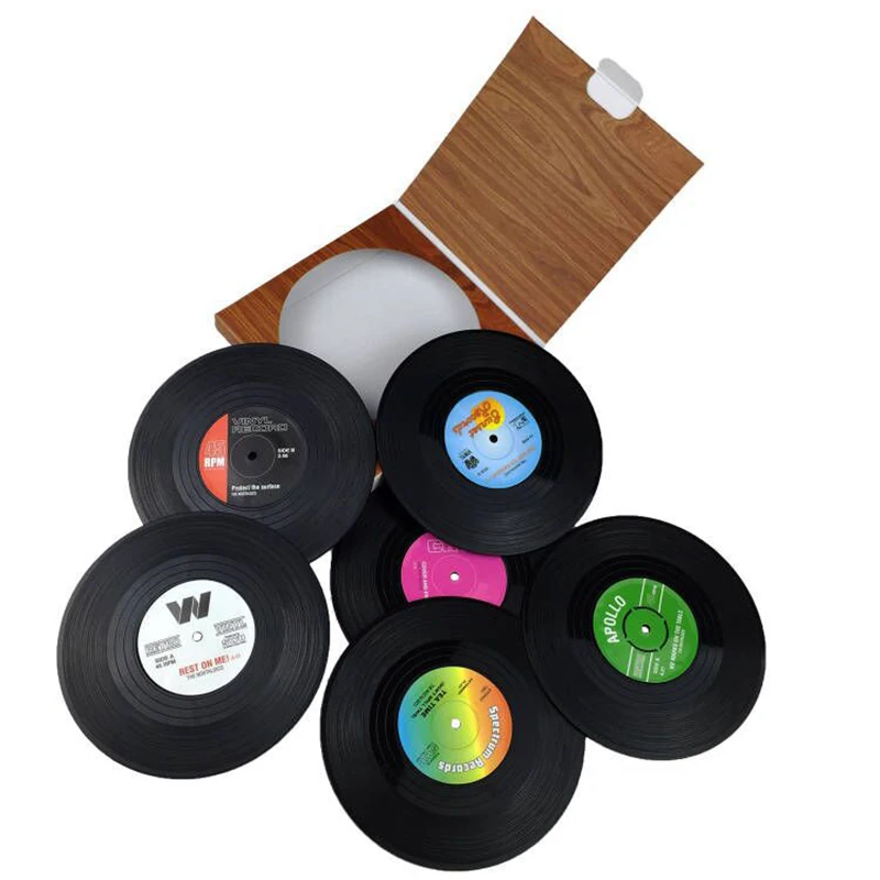 6 Pcs/Set Vintage CD Coasters Vinyl Record Round Mug Pad Anti-slip Heat Resistant Drink Cup Mat Table Placemat Holder