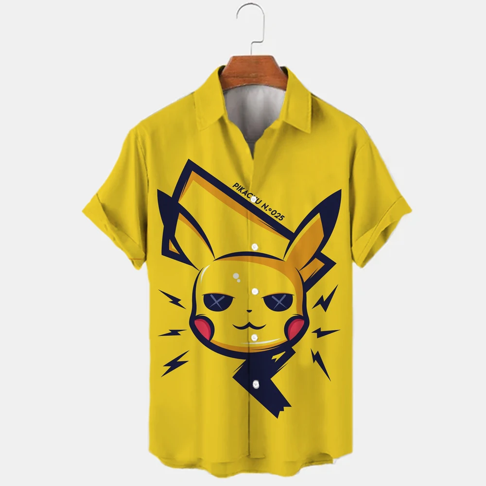 2022 Summer Men's Fashion Shirts Japanese Boys Harajuku Plus Size Shirts Pokemon Pikachu Shirts