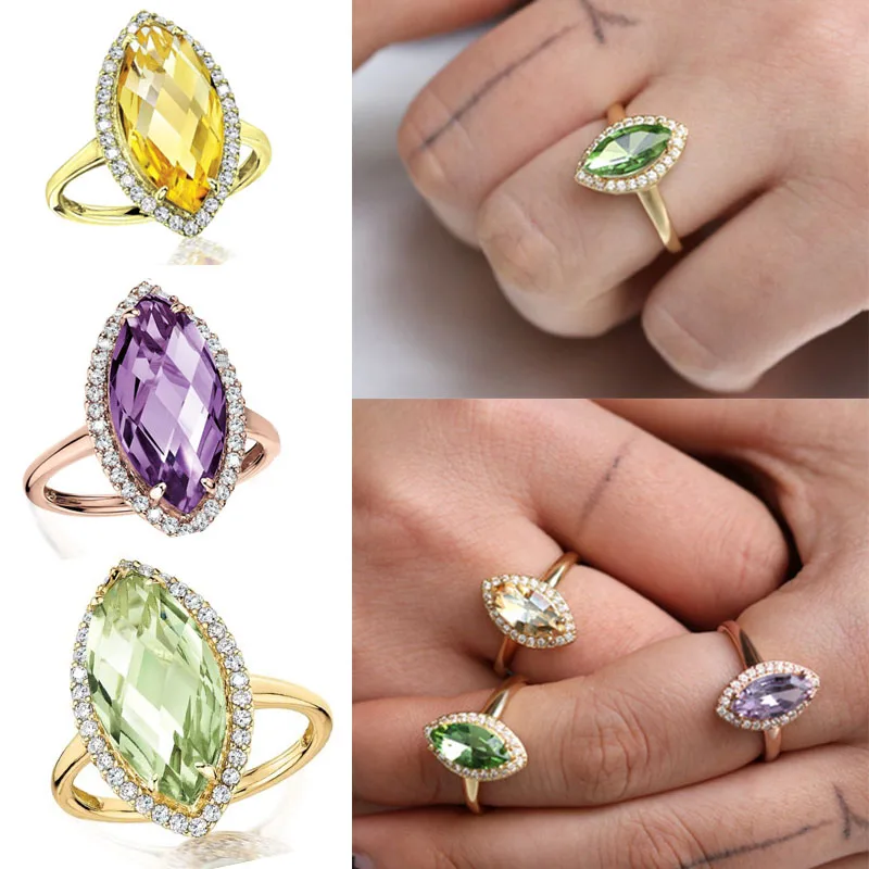 

Milangirl Fashion 3 Colors Horse Eye Shaped Crystal Ring Mirco Paved Rhinestone Zircon Jewelry for Wedding Engagement Party
