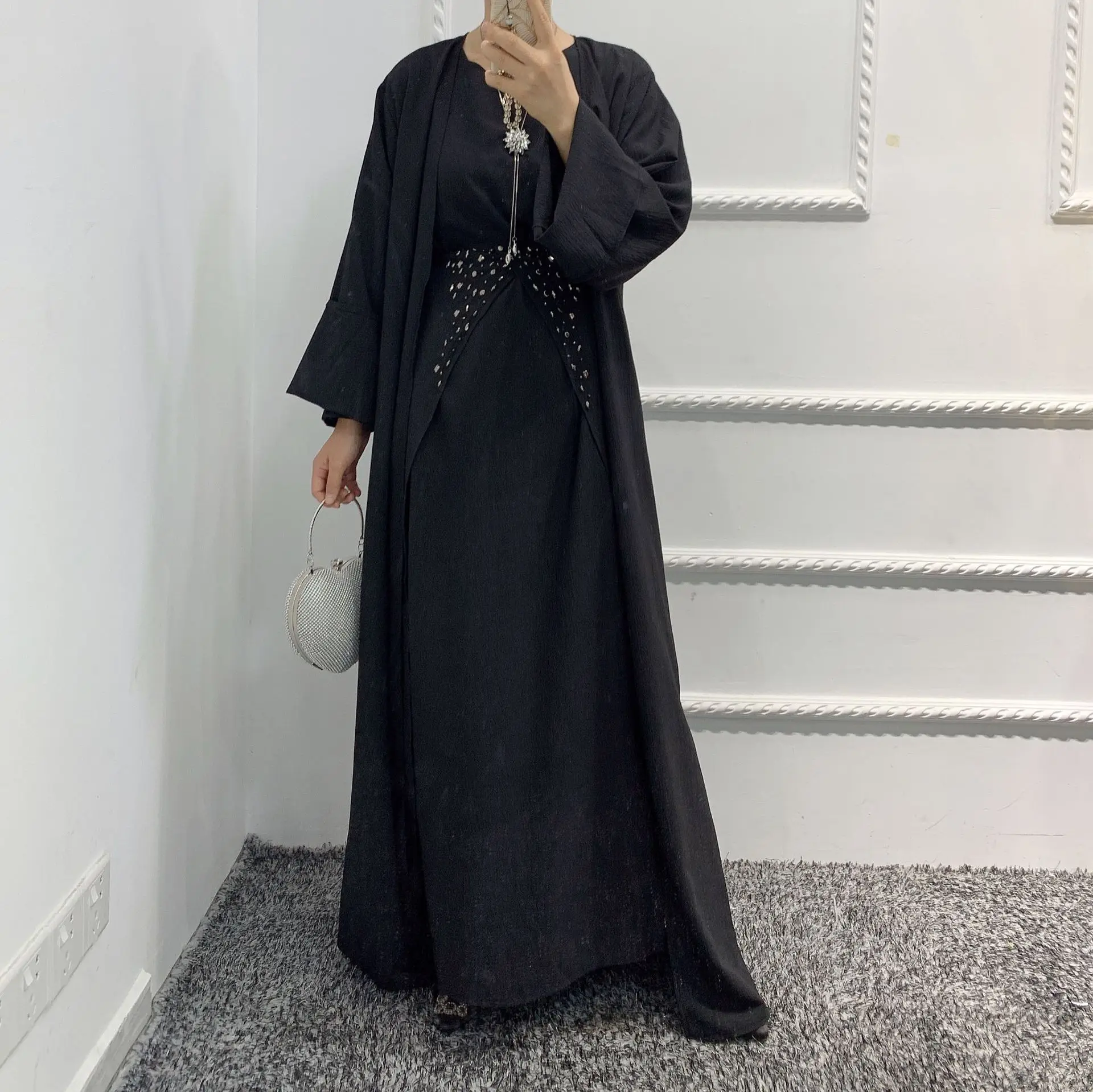 4pcs Matching Muslim Sets Hijab Dress Eid Abayas for Women Dubai Wrinkle Arabic Outfit Islam Open Abaya Kimono Wrap Front Skirt
