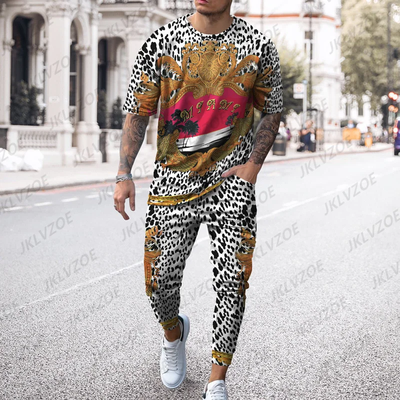 New Fashion Leopard Print T-shirt Trousers Men's Streetwear Sports Short Sleeve T Shirt+pants 2 Pcs Sets Men Tracksuit Jogging