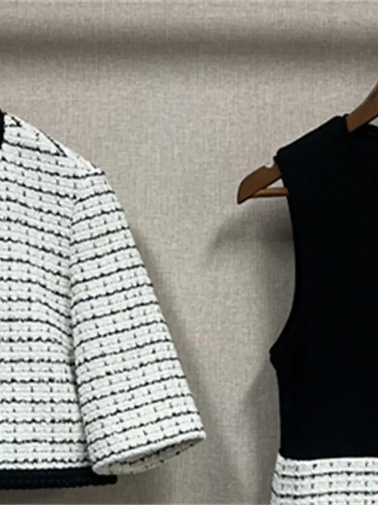 Women Two-Tone Tweed Coat Single Breasted Quarter-Sleeved Robe Set 2023 Spring New Ladies Luxury Chic Office Lady Mini Dress